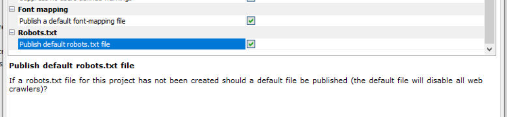 Robots.txt in Web Project Properties dialog
